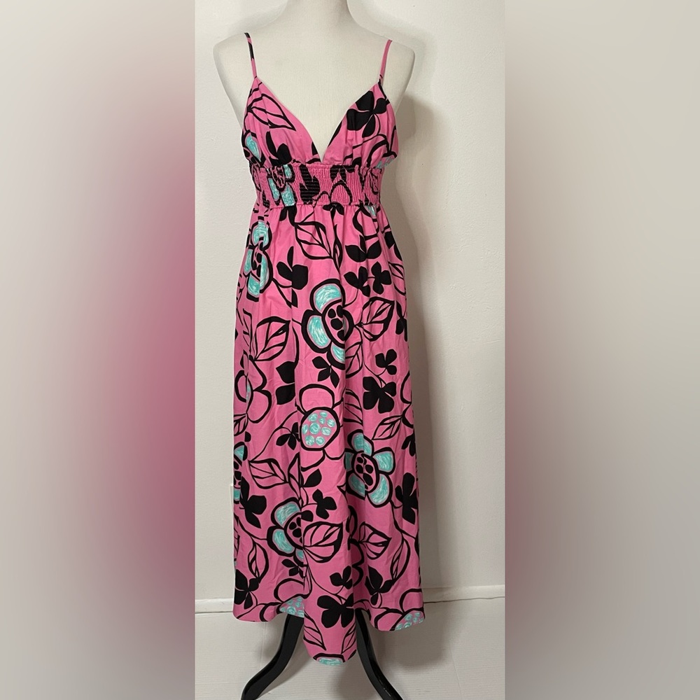 NWT Zara Pink Black Floral Spaghetti Strap Midi Dress